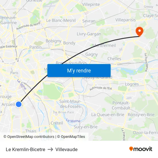 Le Kremlin-Bicetre to Villevaude map