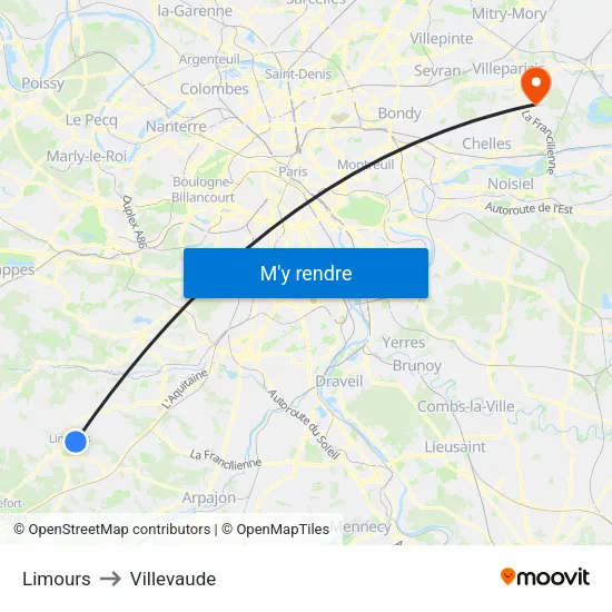 Limours to Villevaude map