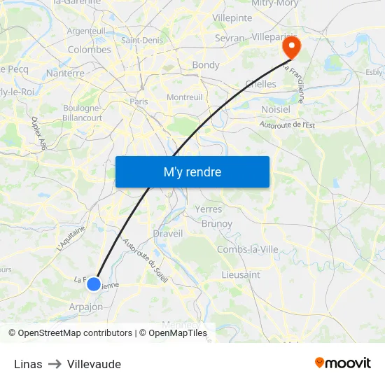 Linas to Villevaude map