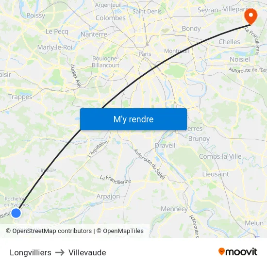 Longvilliers to Villevaude map