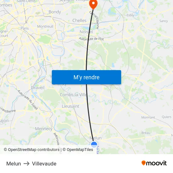 Melun to Villevaude map