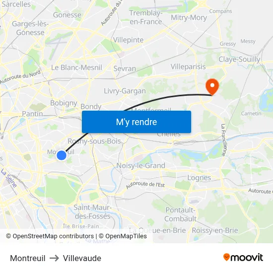 Montreuil to Villevaude map