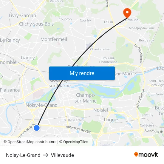 Noisy-Le-Grand to Villevaude map