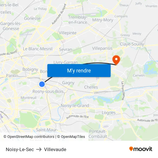 Noisy-Le-Sec to Villevaude map