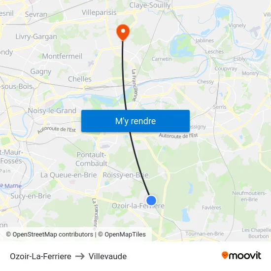 Ozoir-La-Ferriere to Villevaude map
