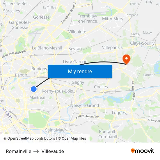 Romainville to Villevaude map