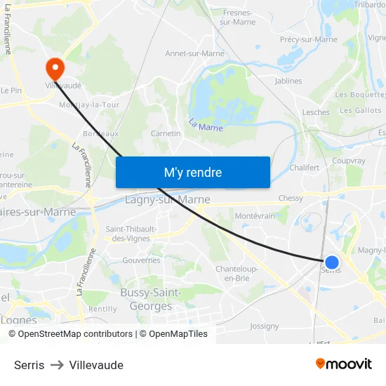 Serris to Villevaude map