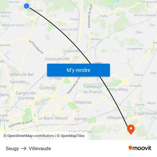 Seugy to Villevaude map
