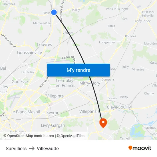 Survilliers to Villevaude map