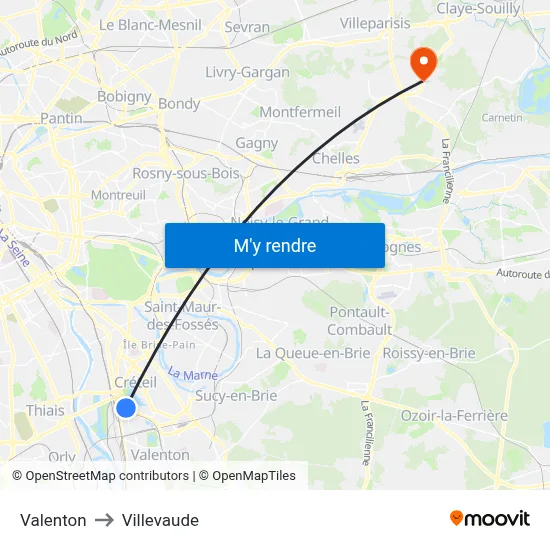 Valenton to Villevaude map