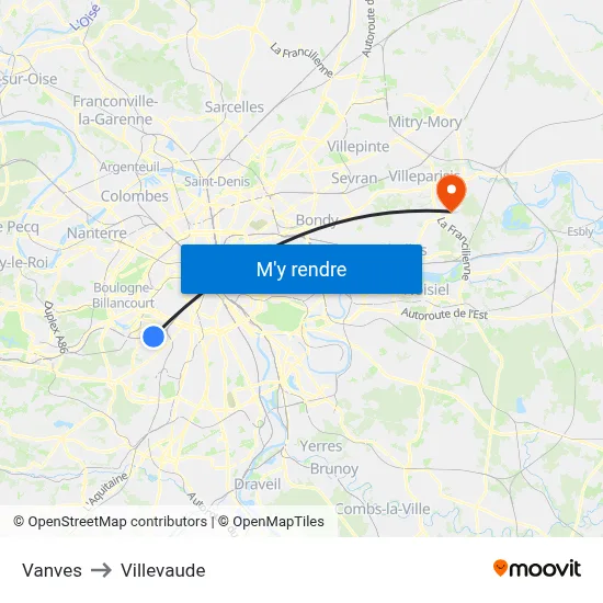 Vanves to Villevaude map