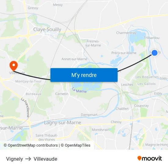 Vignely to Villevaude map