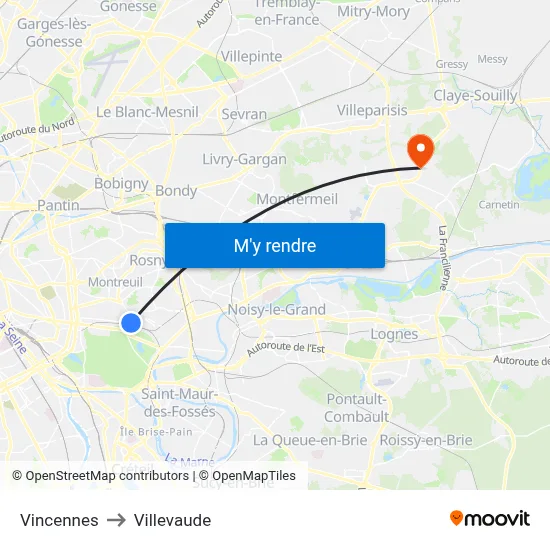 Vincennes to Villevaude map