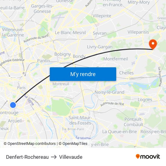 Denfert-Rochereau to Villevaude map