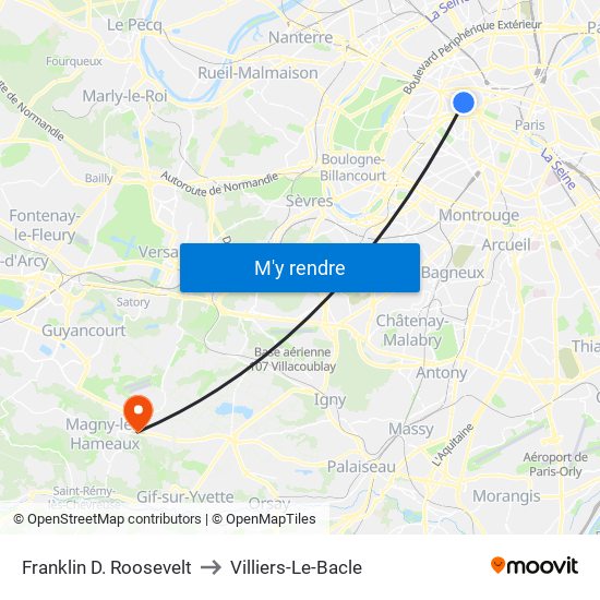 Franklin D. Roosevelt to Villiers-Le-Bacle map