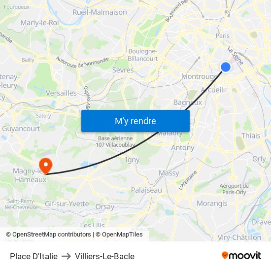 Place D'Italie to Villiers-Le-Bacle map