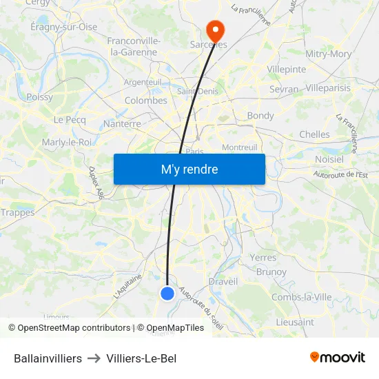 Ballainvilliers to Villiers-Le-Bel map