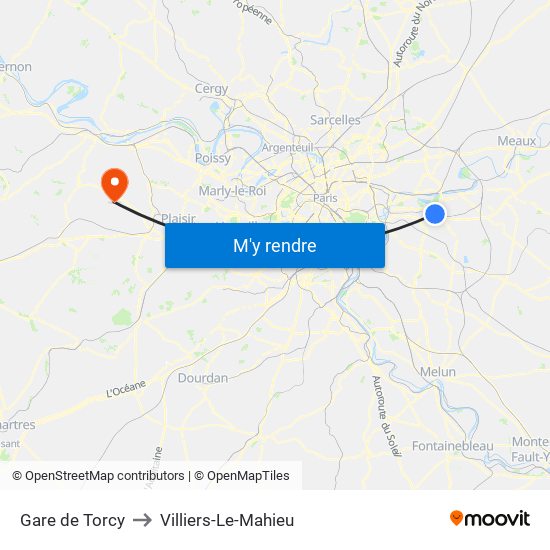 Gare de Torcy to Villiers-Le-Mahieu map