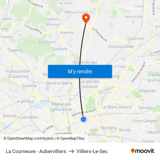La Courneuve - Aubervilliers to Villiers-Le-Sec map