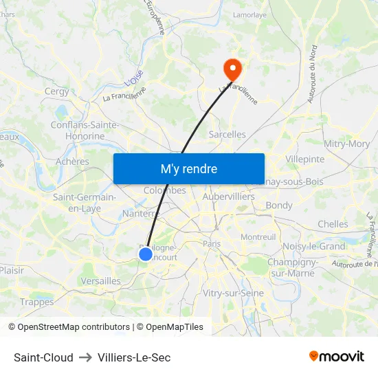 Saint-Cloud to Villiers-Le-Sec map