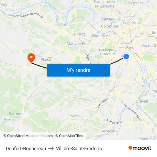 Denfert-Rochereau to Villiers-Saint-Frederic map
