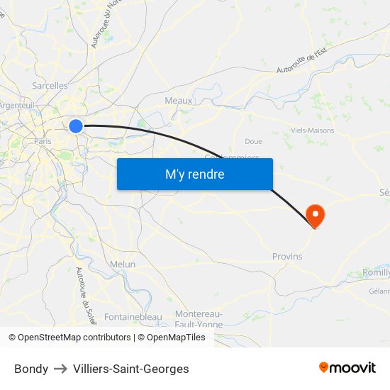 Bondy to Villiers-Saint-Georges map