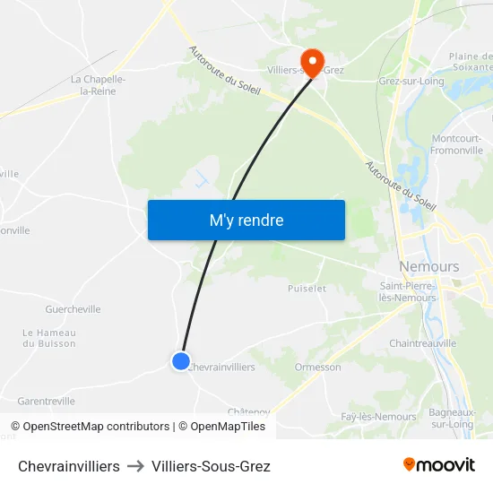 Chevrainvilliers to Villiers-Sous-Grez map