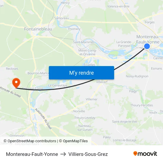 Montereau-Fault-Yonne to Villiers-Sous-Grez map