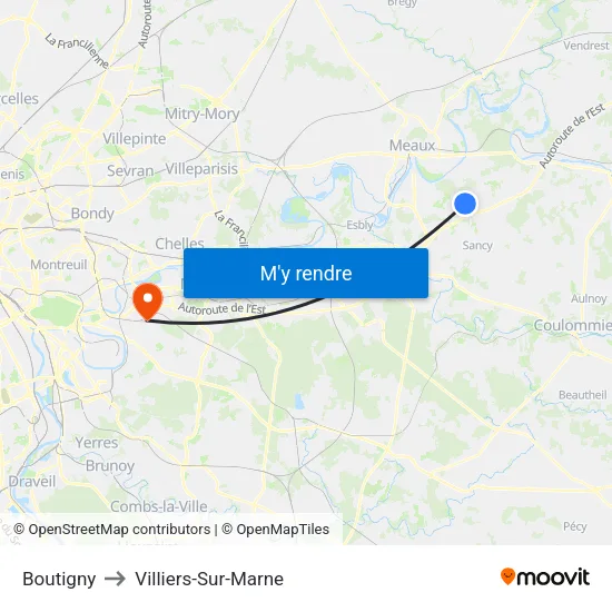 Boutigny to Villiers-Sur-Marne map