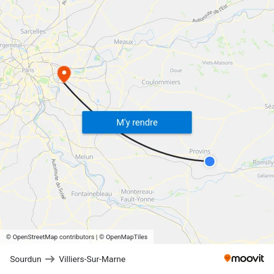Sourdun to Villiers-Sur-Marne map