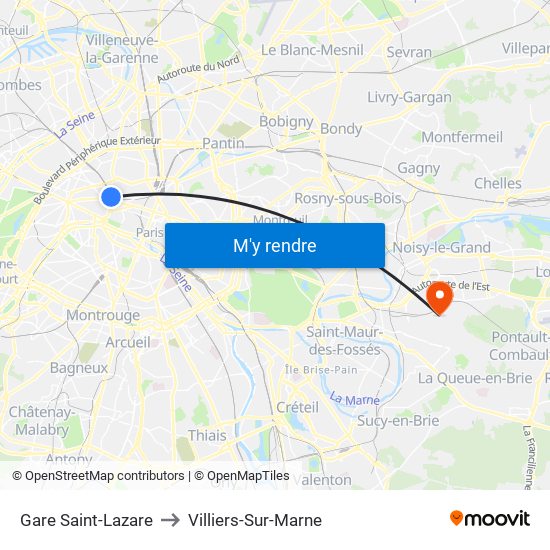 Gare Saint-Lazare to Villiers-Sur-Marne map