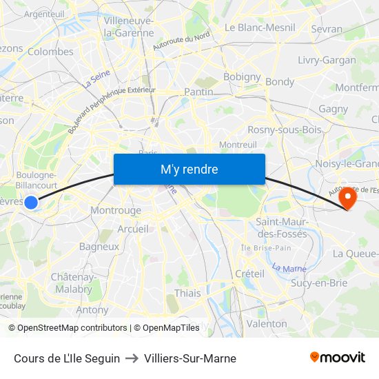 Cours de L'Ile Seguin to Villiers-Sur-Marne map
