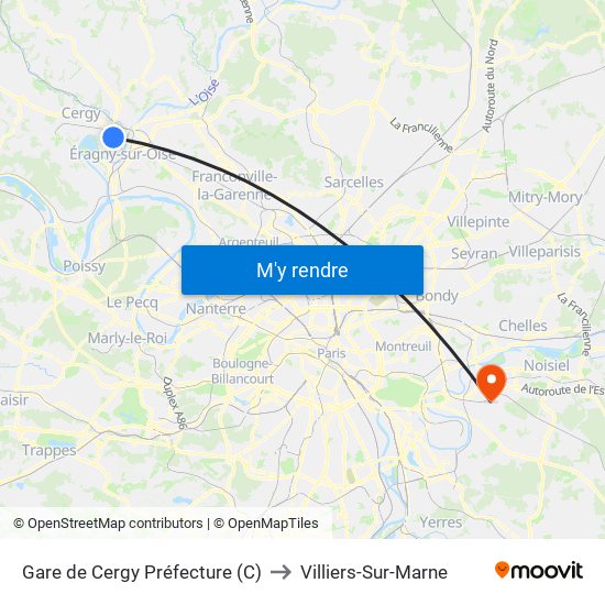 Gare de Cergy Préfecture (C) to Villiers-Sur-Marne map