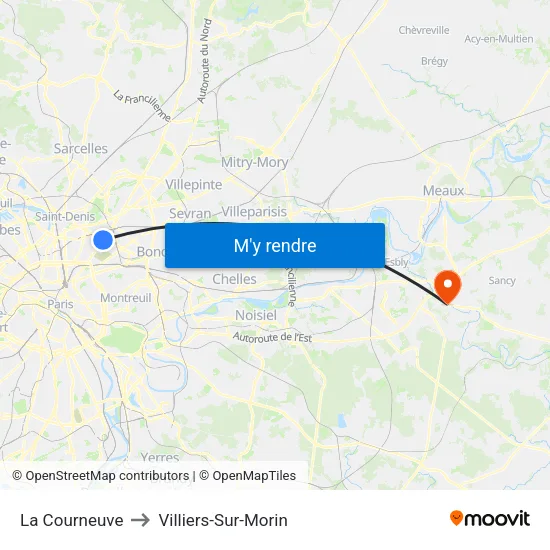 La Courneuve to Villiers-Sur-Morin map