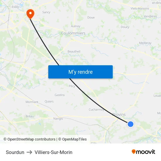 Sourdun to Villiers-Sur-Morin map