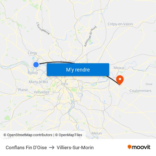 Conflans Fin D'Oise to Villiers-Sur-Morin map