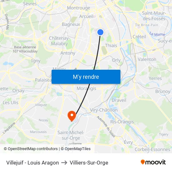 Villejuif - Louis Aragon to Villiers-Sur-Orge map