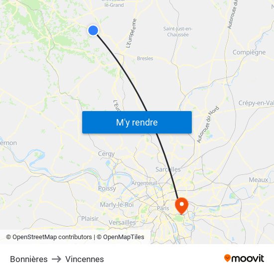 Bonnières to Vincennes map