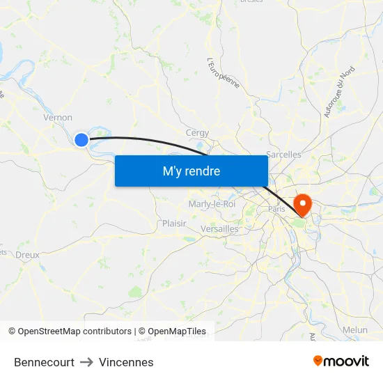 Bennecourt to Vincennes map