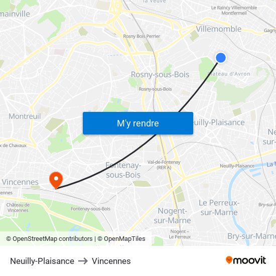 Neuilly-Plaisance to Vincennes map