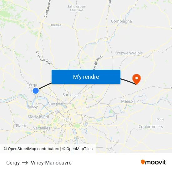 Cergy to Vincy-Manoeuvre map