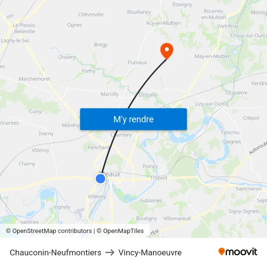 Chauconin-Neufmontiers to Vincy-Manoeuvre map