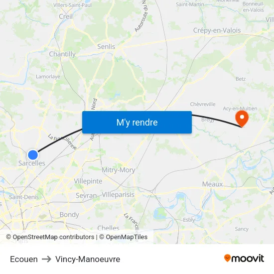 Ecouen to Vincy-Manoeuvre map