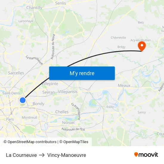 La Courneuve to Vincy-Manoeuvre map