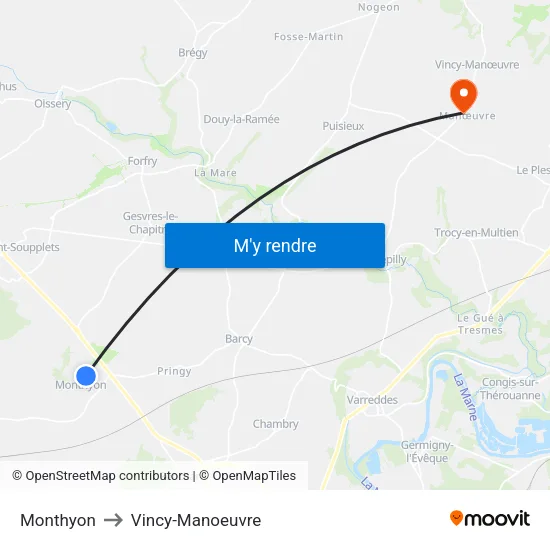 Monthyon to Vincy-Manoeuvre map