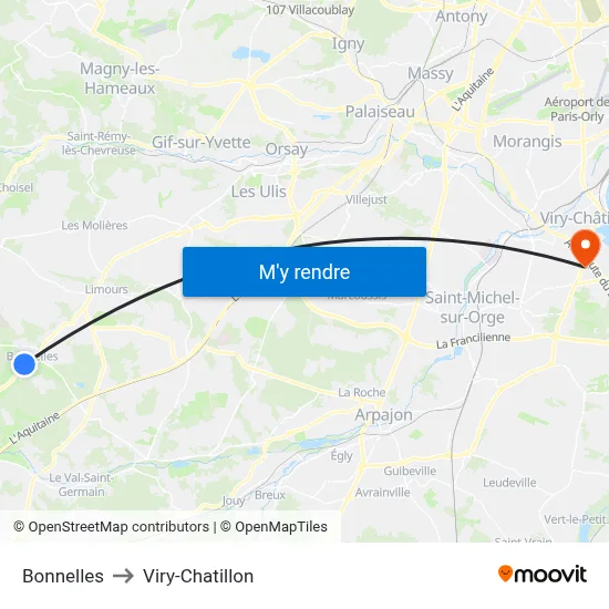 Bonnelles to Viry-Chatillon map