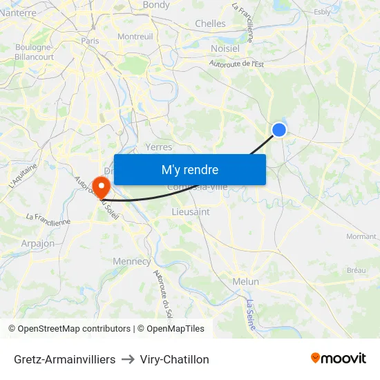Gretz-Armainvilliers to Viry-Chatillon map