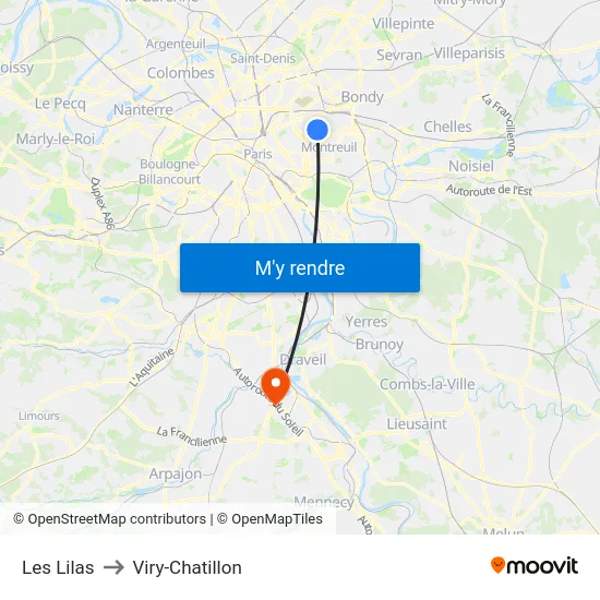 Les Lilas to Viry-Chatillon map