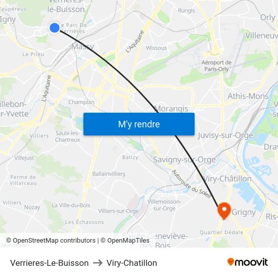 Verrieres-Le-Buisson to Viry-Chatillon map