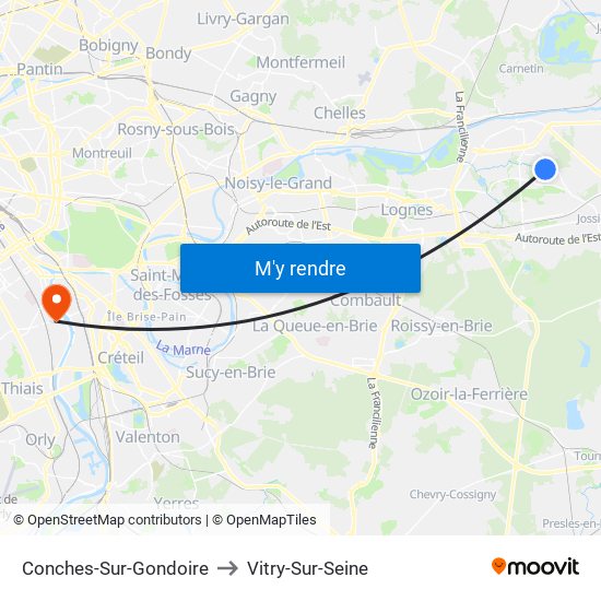 Conches-Sur-Gondoire to Vitry-Sur-Seine map